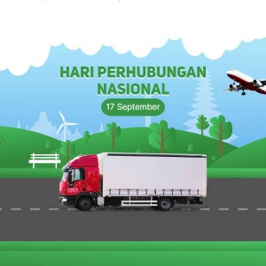Illustration of a truck, plane, and wind turbines with text 'Hari Perhubungan Nasional 17 September'