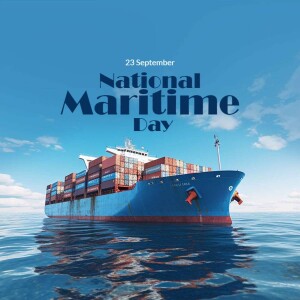 Image depicting a cargo ship on the water with text 'National Maritime Day'