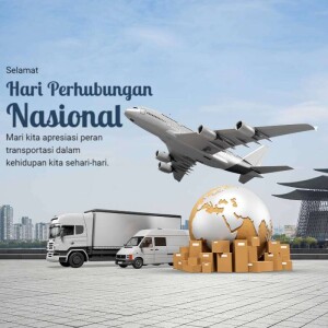 Image celebrating National Transportation Day with airplane, trucks, and a globe.