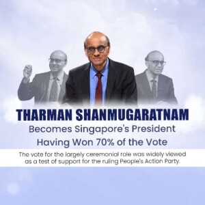 Image of Tharman Shanmugaratnam with text announcing his presidential win in Singapore.