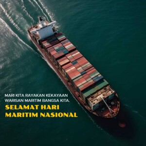 Aerial view of a large red container ship sailing on a blue ocean with text overlay.