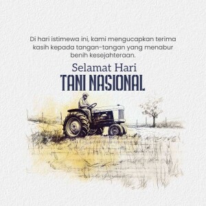 Watercolor illustration of a farmer on a tractor with text 'Selamat Hari Tani Nasional'