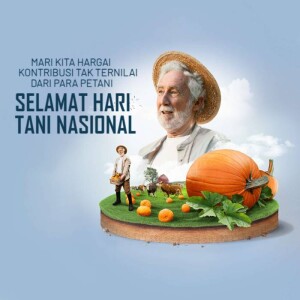 Illustration of a farmer with pumpkins and a farm scene, celebrating National Farmers Day.