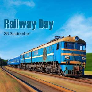 Image of a blue train with 'Railway Day' text overlay