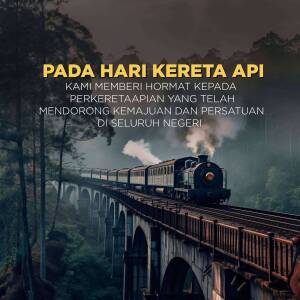 Vintage steam train crossing a bridge with text overlay in Indonesian