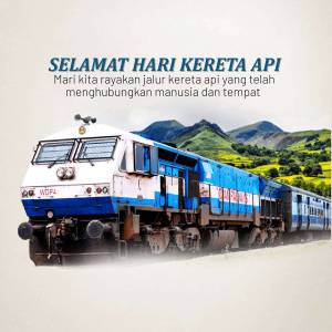 Image of a blue and white train with a mountainous background celebrating Indonesian Railway Day.