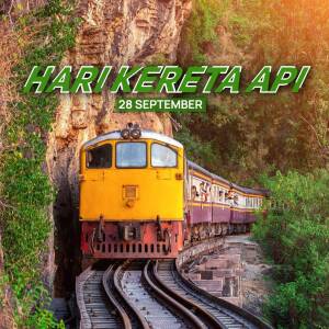 A yellow and purple train emerging from a tunnel with text overlay 'Hari Kereta Api 28 September'