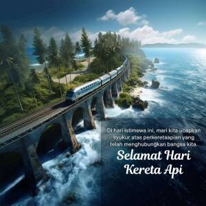 A scenic view of a train traveling on a bridge over the ocean with text celebrating Indonesian Railway Day.