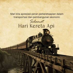 Vintage steam train on a bridge with text celebrating Indonesian Railway Day