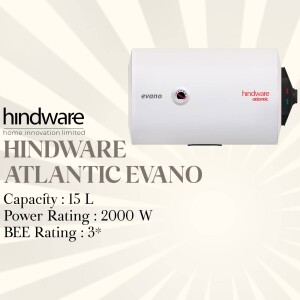 Hindware Atlantic Evano 15L water heater with specifications