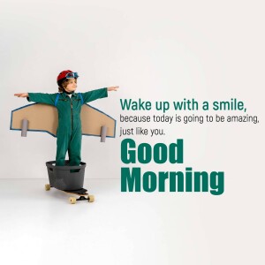 A young boy dressed as a pilot with cardboard wings, standing on a skateboard with a motivational quote.