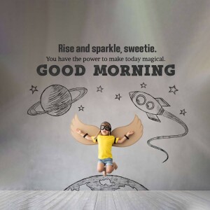 Child with wings jumping in front of a space-themed wall with motivational text.