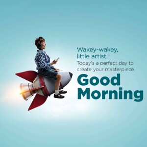 A person riding a rocket with headphones on, looking at a phone, with the text 'Good Morning'