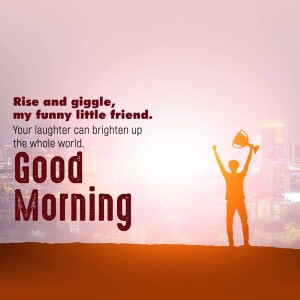 Silhouette of a person celebrating with a trophy against a city skyline with a motivational quote.