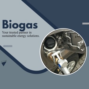 Close-up of a biogas fuel nozzle with the text 'Biogas - Your trusted partner in sustainable energy solutions.'