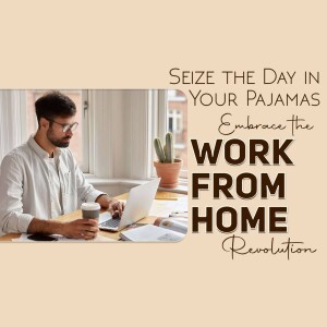 Man working on laptop at home with motivational text overlay