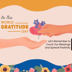 Illustration of two hands exchanging a red heart with blue flowers, celebrating World Gratitude Day.