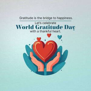 Illustration for World Gratitude Day featuring hands holding a heart and leaves.
