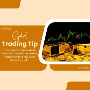 Image depicting gold bars and a stock market chart with text about geopolitical events and gold demand.