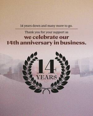 Image celebrating a company's 14th anniversary with a laurel wreath and the number 14.