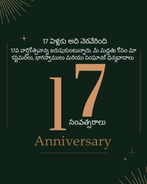 Image displaying '17' with text celebrating a 17th anniversary in Telugu and English.