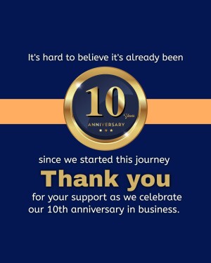 Gold 10th Anniversary badge with text thanking supporters