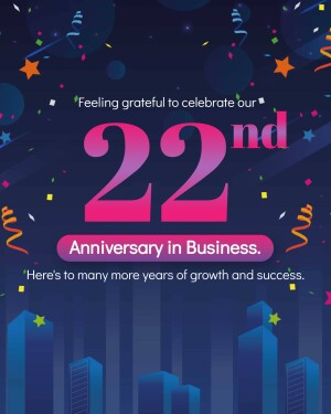 Graphic celebrating a 22nd business anniversary with confetti and city skyline.