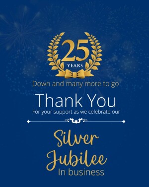 Image celebrating 25 years of business with a gold laurel wreath and text 'Thank You'