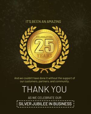 Golden 25th anniversary badge with laurel wreath and celebratory text