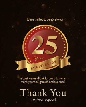 Gold and red 25th anniversary badge with ribbon and text