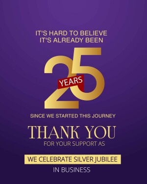 Image celebrating 25 years in business with gold and red design.