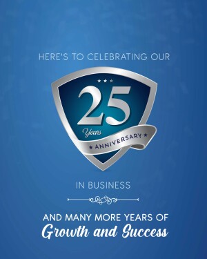 Silver shield with the number 25 and text celebrating a 25-year business anniversary.