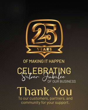 Golden 25th anniversary logo with text celebrating silver jubilee
