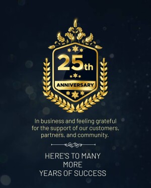 Gold emblem celebrating a 25th anniversary with laurel wreath and text.