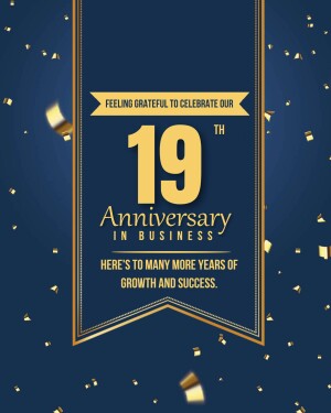 Elegant 19th anniversary graphic with gold confetti on a navy background