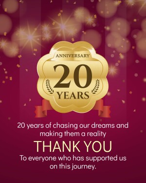 Golden 20th Anniversary badge with celebratory text and bokeh effect