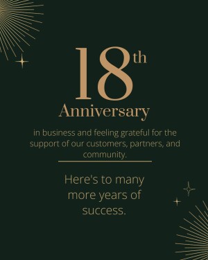 Elegant 18th anniversary graphic with gold text on a dark green background.