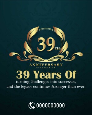 Elegant 39th anniversary graphic with gold accents and a dark teal background.