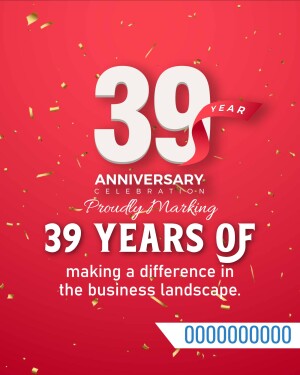 Image celebrating 39 years of business anniversary with confetti and a bold '39' design.