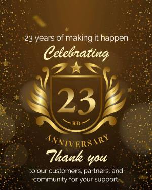 Golden 23rd anniversary logo with celebratory text and thank you message.