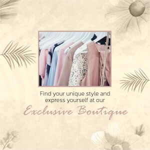 Clothes hanging on hangers with floral decorations and text promoting an exclusive boutique.