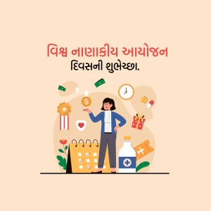 Illustration of a woman balancing financial elements like money, calendar, health, and travel.