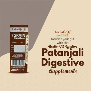 Patanjali 7 Grain Biscuit packaging with text promoting digestive health.