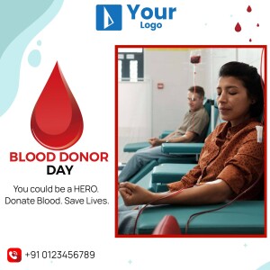 Image promoting blood donation with a person donating blood and a blood drop graphic.