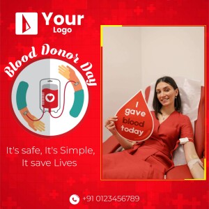 Image promoting blood donation with a woman donor and blood bag graphic.