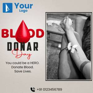 Image promoting blood donation with a person donating blood and a blood drop graphic.