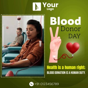 Image depicting a blood donation scene with a woman donating blood and a man waiting, promoting Blood Donor Day.