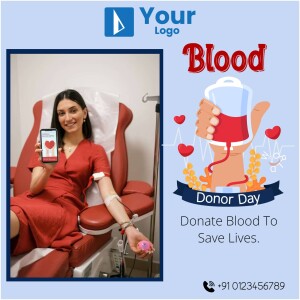 Image promoting blood donation with a woman donating blood and graphic elements.