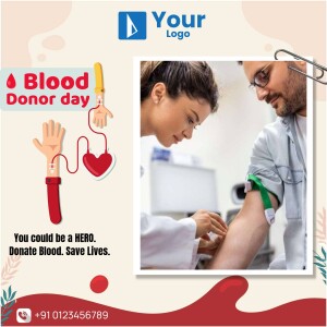 Image promoting blood donation with a person donating blood and a cartoon illustration of a blood drop and hand.