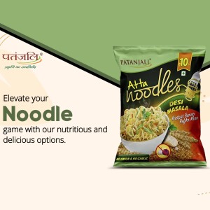 Patanjali Atta Noodles Desi Masala packaging with a bowl of noodles